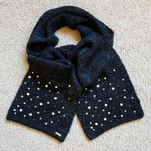 NWT Karl Lagerfeld Pearl Scarf Metallic Thread Black Scarf with Pearls